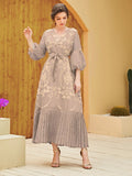 Mqtime Women Chic Elegant Maxi Long Dresses Summer Luxury Puff Sleeve Belt Arabic Turkey African Evening Party Robe Vestido