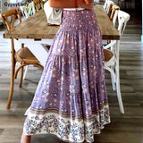 Mqtime Vintage Floral Print Skirt Women Summer Boho Long Skirts Elastic Waist Ladies Ethnic Female Casual Chic Maxi Skirt