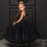 Mqtime Black Flower Girl Dress with Gold Sequin Top One Shoulder Puffy Floor Length Long First Communion Dresses Wedding Party Gown