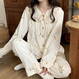 Mqtime Autumn Knitted Cotton Leisure Lounge wear Pajamas Woman Fashion Sleepewear Suit Long Sleeve Print Female Loungewear