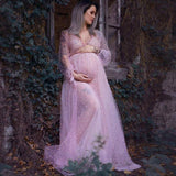 Mqtime Pearl Tulle Maternity Photo Shoot Long Dresses Full Sleeve See Through Pregnancy Photography Props Long Dresses