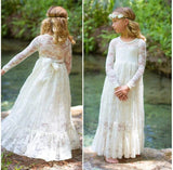 Mqtime Girls Dress Lace White/Beige Toddler Long Sleeve Flower Boho Clothes Baby Kids Princess Wedding Prom Party 2-12 Year