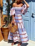 Mqtime Summer Women Plaid Print A-line Beach Dress Sexy Off the shoulder Boho Long Dress Casual Femme Slash Neck Cover Up Sundress