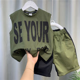 Mqtime Fashion Children's Teens Boy Tank Top +Patchwork Shorts Set 2023 New Baby Boys Summer Clothes Handsome Thin Sleeveless Outfits