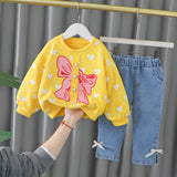 Mqtime Spring Autumn Children Baby Girl 2PCS Clothing Set Printed Butterfly Cotton Sweatshirts Jeans Pants Kids Girl Sports Suit