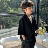 Mqtime High Quality Boys' Blazer Suit Set Summer New Thin Casual  Baby Boy Single Breasted Korean Black Short Sleeve Coat+ Shorts 2pcs
