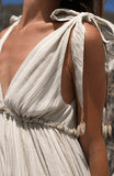 Mqtime Summer Waist-Slimming Long Dress Temperament Commute Solid Color Strap French Striped V-neck Swing Dress Long Dress