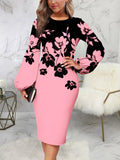 Mqtime Fashion Floral Print Dress Women Elegant O Neck Long Sleeve Party Robes Bodycon Lantern Sleeves African Printed Vestidos Autumn