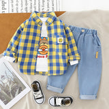 Mqtime Spring Autumn Children Boys 3PCS Clothing Set Plaid Shirts Cartoon Printed Sweatshirts Jeans Pants Baby Clothes Set