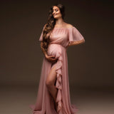 Mqtime Maternity Photography Dress Shoulder Ruffle Sleeve Chiffon Dress Baby Shower Dress Bohemian Photo Shooting Pregnancy Dress