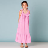 Mqtime Summer New Girls Sleeveless Muslin Long Dress With Knotted Straps 100% Cotton Ruffled Casual Loose Baby Kids Dresses TZ314