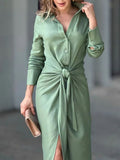 Mqtime Summer Dress Women  Spring New In Green Vintage Lapel Long Sleeve Lace Up Belt Women Clothing Shirt Elegant Chic Full Dress