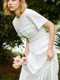 Mqtime  Lace Patchwork Embroidered Dresses for Women Summer O-Ncek White Sheer Holiday Tiered Dress Boho Sexy Beach Vestidos