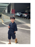 Mqtime 2023 Korea Teenagers Boy Kid Ribbed Loose Clothes Set Shirt+Shorts 2PCS Summer Child Clothing Set Casual Short Sleeve Baby Sets