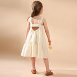 Mqtime  Summer Girls Ruffle Pleated Straps Dress 2023 New Children's Cotton And Linen Backless Casual Loose Princess Dresses