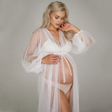 Mqtime White Dot Tulle Maternity Photography Props Dress See Through Maternity Photo Shoot Tulle Long Dress Lantern Sleeve