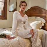 Mqtime Spring New Pajamas Pour Femme Nightown Lace Palace Style Sleepwear Laepl Satin Home Clothes Long Sleeve Nightwear Pyjamas