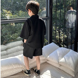 Mqtime High Quality Boys' Blazer Suit Set Summer New Thin Casual  Baby Boy Single Breasted Korean Black Short Sleeve Coat+ Shorts 2pcs