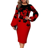 Mqtime Fashion Floral Print Dress Women Elegant O Neck Long Sleeve Party Robes Bodycon Lantern Sleeves African Printed Vestidos Autumn