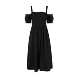 Mqtime Vacation Style Dress for Women Slash Neck Puff Sleeve Slim Dress with Suspender Bandage Vest 2023 Fashion New