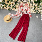 Mqtime Chiffon Floral Top Trousers Set Summer Women V Neck Bandage Blouse Loose Wide Leg Suits