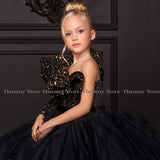 Mqtime Black Flower Girl Dress with Gold Sequin Top One Shoulder Puffy Floor Length Long First Communion Dresses Wedding Party Gown