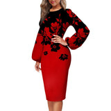 Mqtime Fashion Floral Print Dress Women Elegant O Neck Long Sleeve Party Robes Bodycon Lantern Sleeves African Printed Vestidos Autumn