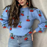 Mqtime hand-made cherry sweater women vintage crochet blue pullovers autumn winter streetwear casual oversized sweater