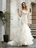 Mqtime V Neckline Mermaid Wedding Dress Spaghetti Strap Backless Button Chapel Train Sleeveless New Bridal Gowns