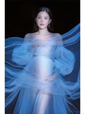 Mqtime Women Photography Props Handmade Blingbling Off-shoulder Maternity Dresses Blue Perspective Pregnancy Dress for Studio Shoot New