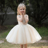 Mqtime  New Girl's Ceremonial Dress Pearl Tulle Children's White Sleeveless Dresses Princess Performance Costume 5 7Y