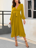 Mqtime New Women's Dress Spring Summer  Korean Fashion Green Pleated Skirt Elegant Party Long Sleeve Long Dress Oversize Sexy Robe