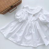 Mqtime Girls Japanese Cotton And Linen Dress Summer New Baby Girl Sailor Collar Cute Puff Sleeve Casual Loose Princess Dresses WT051