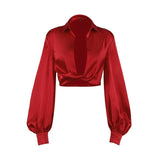 Mqtime  Satin Women's Shirt Lapel Neck Lantern Long Sleeve Cross Hem Red Crop Top Sexy Fashion 2023 Summer Style New