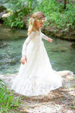 Mqtime Girls Dress Lace White/Beige Toddler Long Sleeve Flower Boho Clothes Baby Kids Princess Wedding Prom Party 2-12 Year