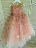 Mqtime Flower Girl Dresses for Wedding Pearl Pink Floral Tulle Luxury Princess Long Maxi Kids Bridesmaid Ball Gowns Birthday