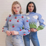 Mqtime hand-made cherry sweater women vintage crochet blue pullovers autumn winter streetwear casual oversized sweater