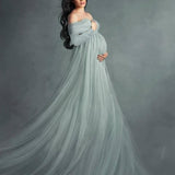 Mqtime Tulle Maternity Maxi Gowns Dresses for Photo Shooting Elegnant Shouldless Long Sleeve Pregnancy Photography Dresses for Pregnant