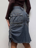 Mqtime Vintage Denim Jeans Skirt Women Autumn High Street Casual Drawstring Pleated Pocket Midi Skirts Bottoms Y2K Clothing