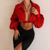 Mqtime  Satin Women's Shirt Lapel Neck Lantern Long Sleeve Cross Hem Red Crop Top Sexy Fashion 2023 Summer Style New