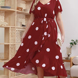 Mqtime Polka Dot Simple Plus Size Dress Fashion Elastic Waist Print Temperament Skirt Women V Neck Tie Waist Floor Length Skirt 4XL