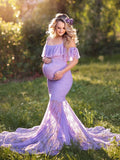 Mqtime Mermaid Maternity Lace Gown Pregnant Women Off Shoulder Strap Ruffles Maxi Photography Dress Elegant Pregnancy Dress Photo Prop