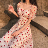 Mqtime Summer Strawberry Dress Embroidery Sexy Square Collar  Midi Dresses Casual Short Sleeve  Beach Party Dress Femme Vestidos Robe