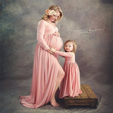 Pregnancy One-shoulder Long-sleeved Dress Sexy Split Maternity Dresses for Photo Shoot Parent-child Wear Pink Photography Dress