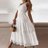 Mqtime Summer Backless Solid Long Dresses Sexy V-neck Lace Patchwork Suspender Dress Women Elegant Sleeveless Pleated Party Dress