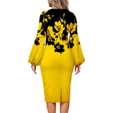 Mqtime Fashion Floral Print Dress Women Elegant O Neck Long Sleeve Party Robes Bodycon Lantern Sleeves African Printed Vestidos Autumn