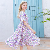 Mqtime kids girl summer floral print v-neck smocked flare midi dress children 6 to 14 years teen girl fashion cotton casual dresses