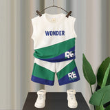 Mqtime 2pc Fashion Silk Patchwork Letter Print Boys Sets Boy Clothing Set Summer Kids Sleeveless Tops Loose Shorts Outfit Set