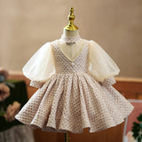 Mqtime Baby Girls Princess Ball Gowns Infant Girl Patchwork Lace Puff Sleeves Beading Midi Dress Children Elegant Cute Party Wear