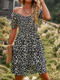 Mqtime Floral Chic Tiered Mini Dresss Ruffles Casual Summer Puff Sleeve Women Ladies Party Holiday Ladies Dresses Vestidos